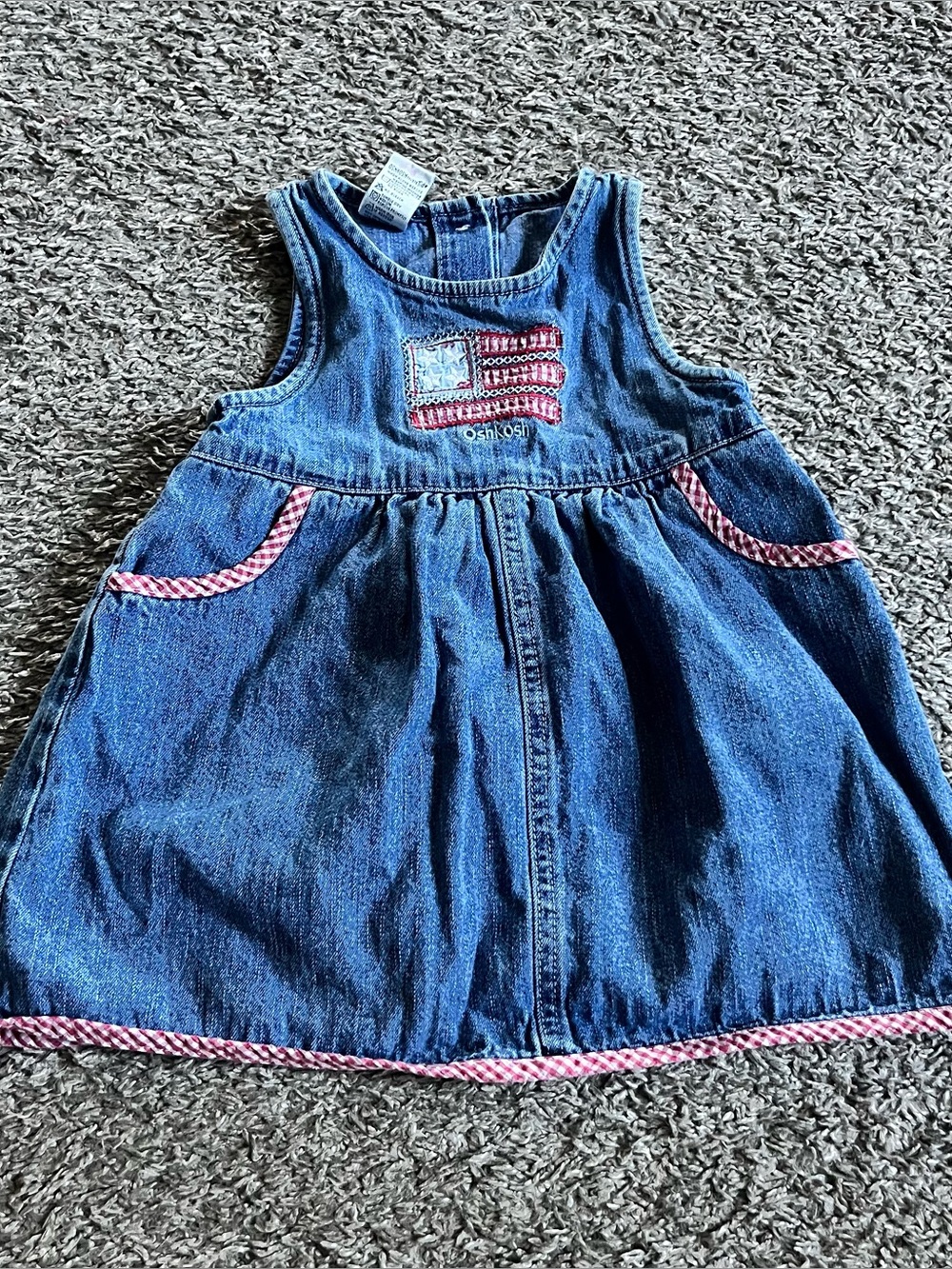 Vintage OshKosh B'Gosh Girls Denim Embroidered USA Flag Dress 4th of July 18 Mos
